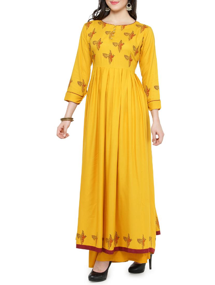 mustard rayon flared kurta - 14495462 - Zoom Image - 2