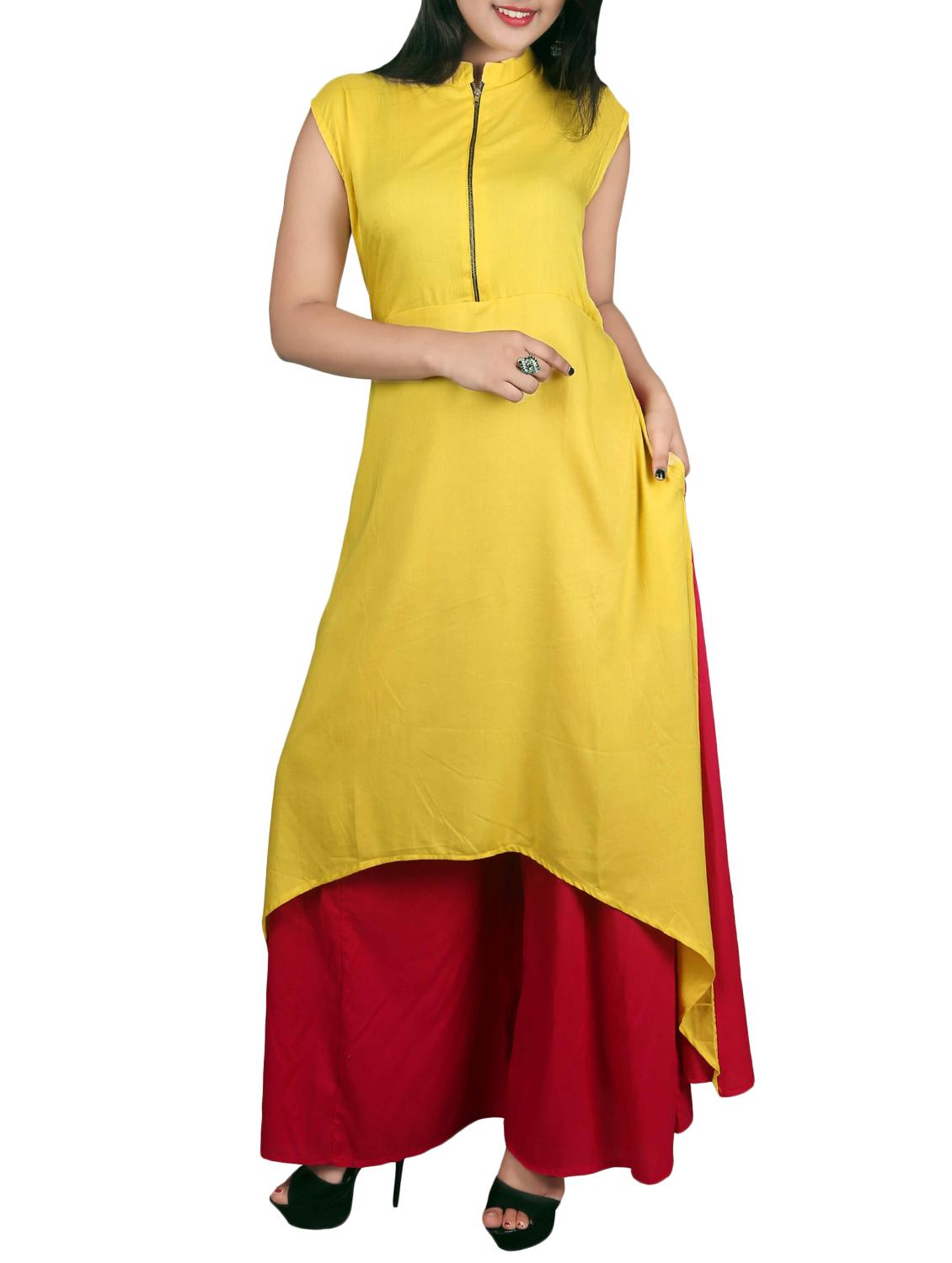 yellow cotton printed asymmetric kurta - 14497987 - Zoom Image - 2