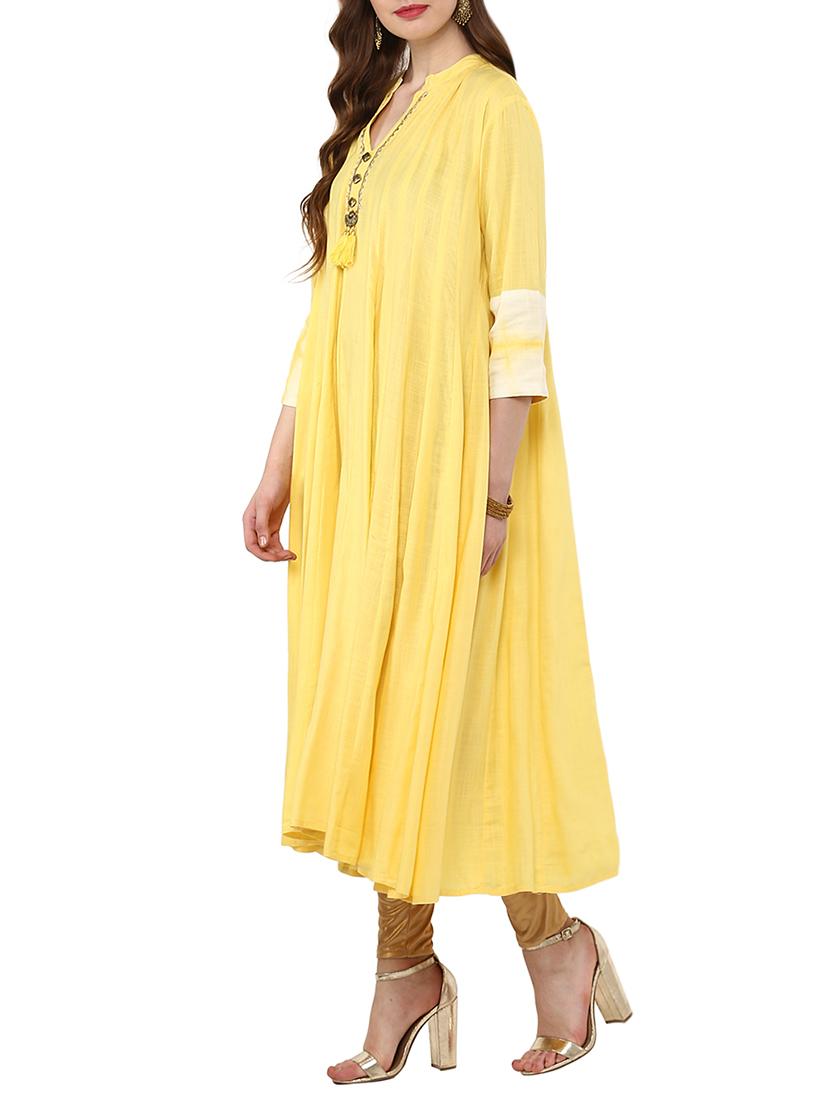 yellow rayon flared kurta - 14498507 - Zoom Image - 2