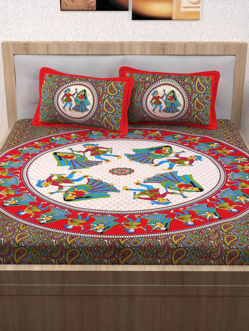 152 TC Pure Cotton Traditional Rajasthani Printed Double Bed Sheet With 2 Pillow Covers - 14502825 - Zoom Image - 2