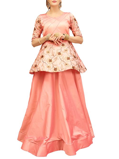 pink silk blend fit & flare semi-stitched gown - 14505827 - Very Small Image - 1