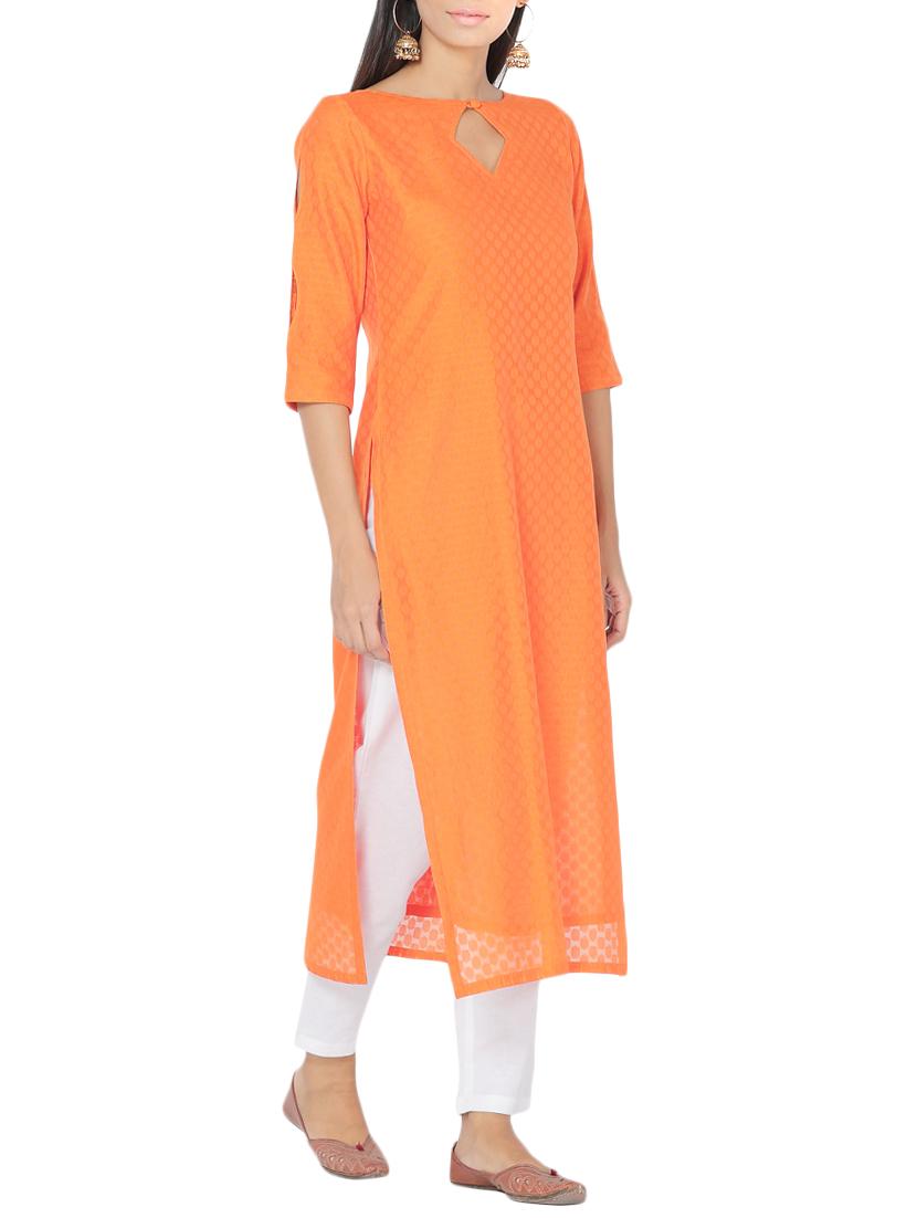 orange chanderi straight kurta - 14510657 - Zoom Image - 2