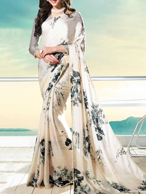 beige printed saree with blouse - 14513618 - Standard Image - 1