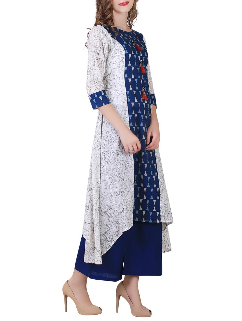 blue cotton asymmetric kurta - 14514055 - Zoom Image - 2