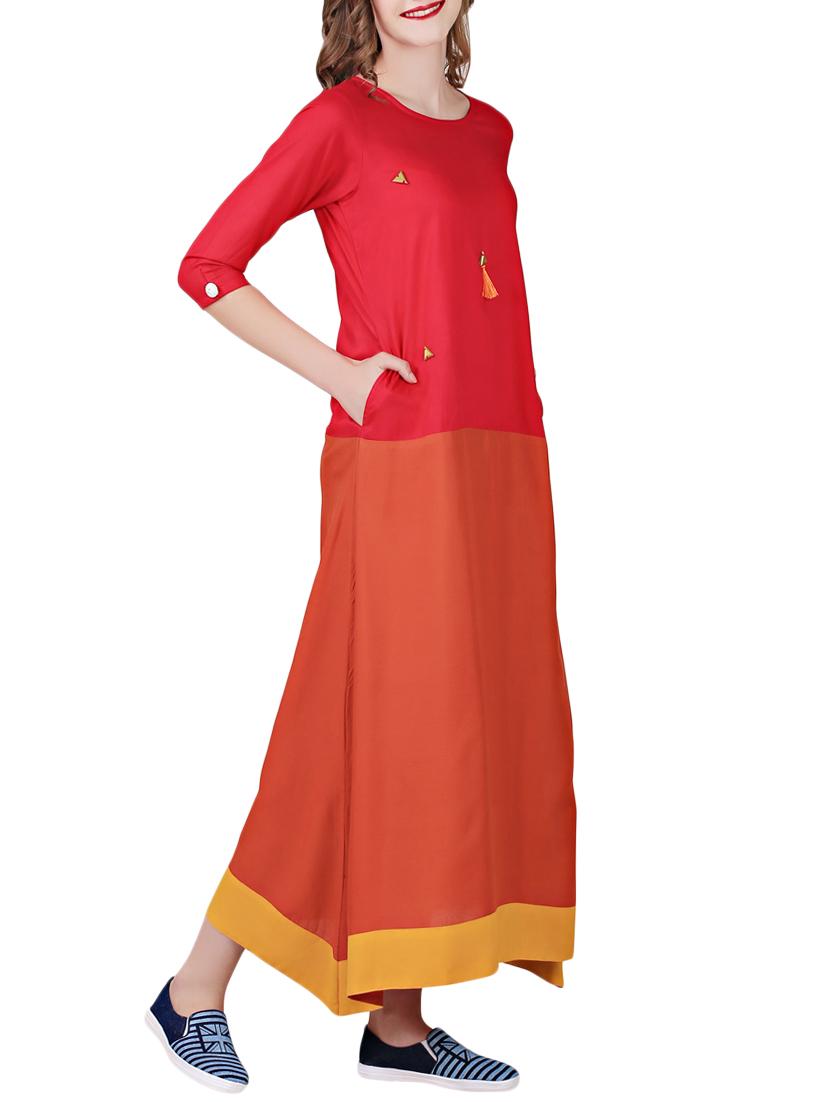red rayon asymmetric kurta - 14515044 - Zoom Image - 2