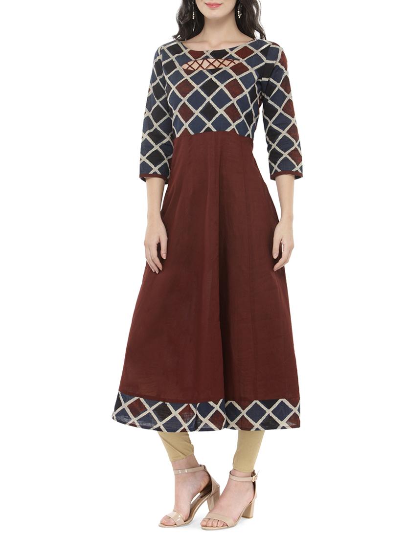brown cotton anarkali kurta - 14521485 - Zoom Image - 2