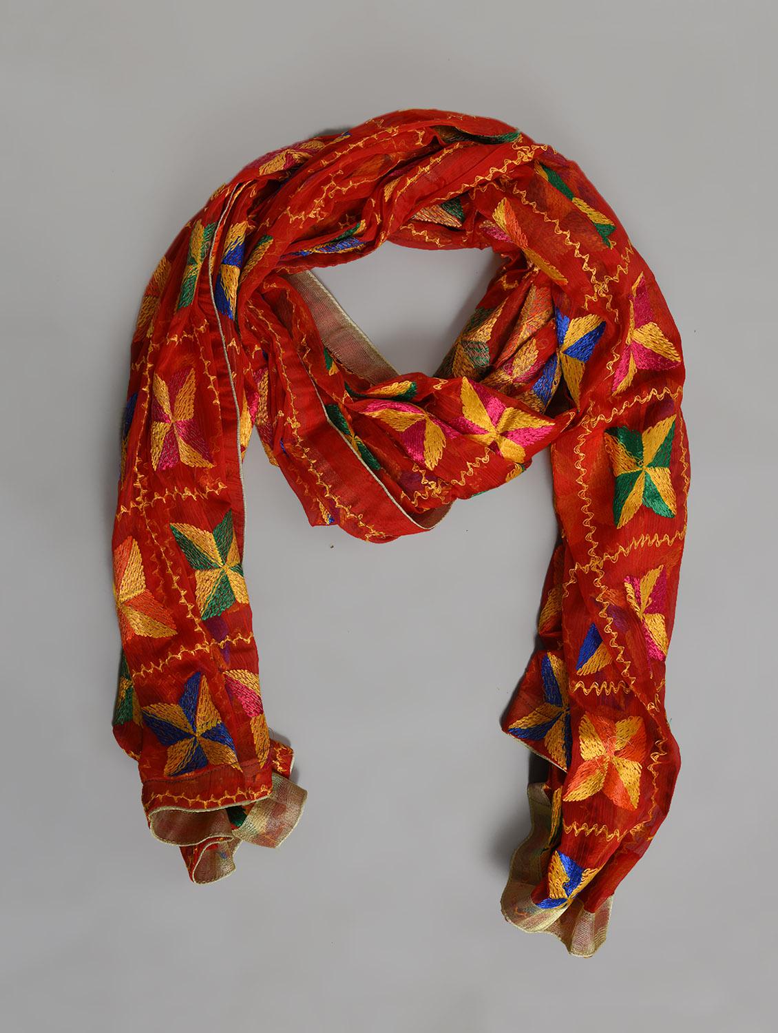 red nylon phulkari dupatta - 14521695 - Zoom Image - 2