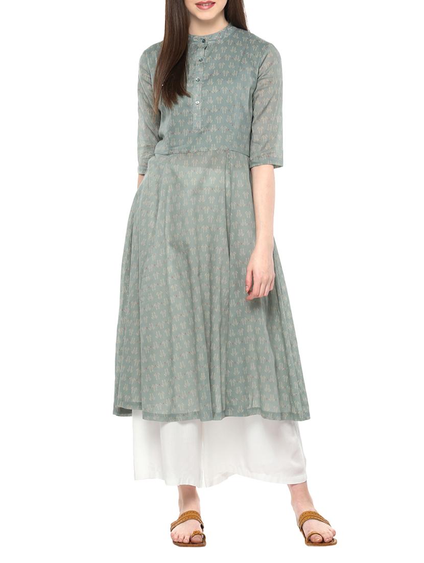 green cotton flared kurta - 14527341 - Zoom Image - 2