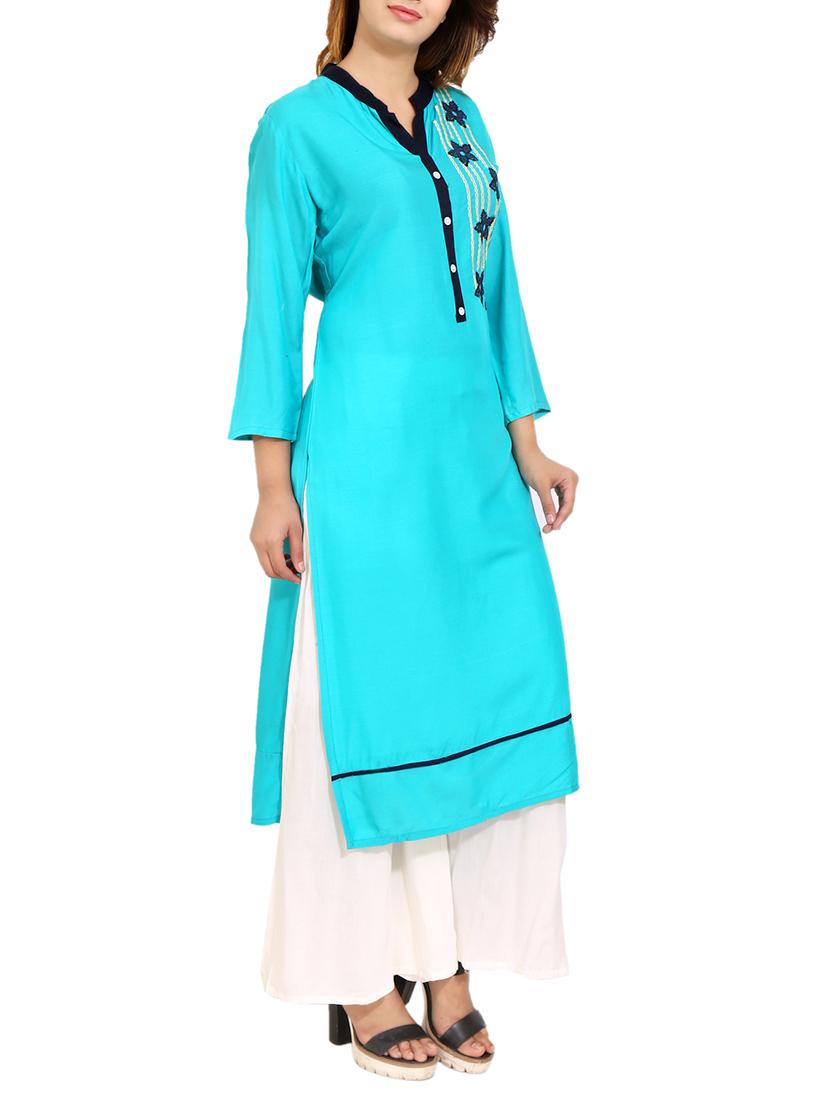 blue rayon straight kurta - 14531354 - Zoom Image - 2