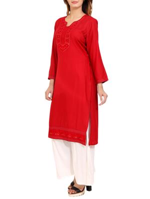 red rayon straight kurta - 14531363 - Standard Image - 2