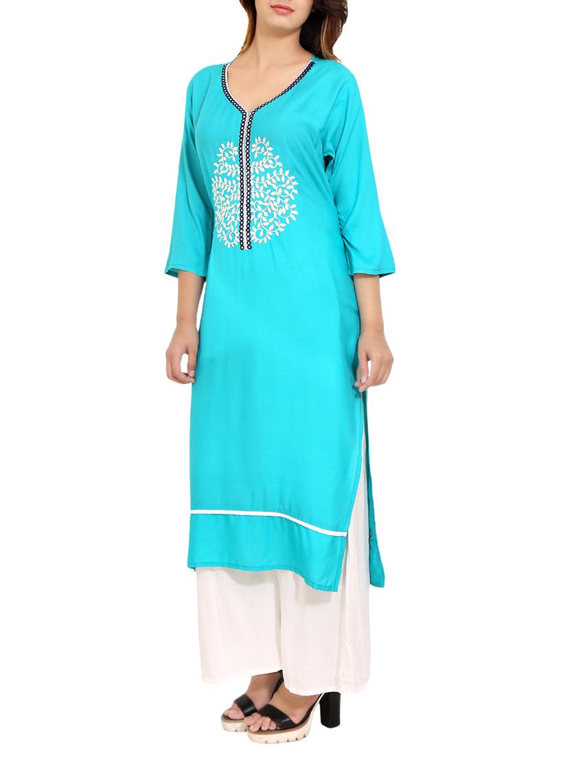 blue rayon straight kurta - 14531368 - Zoom Image - 2