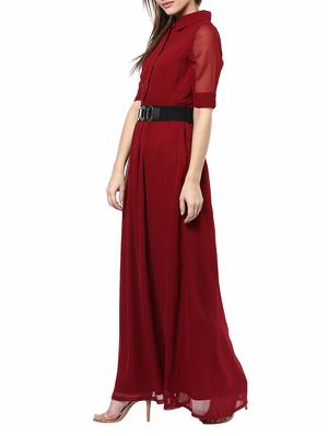 maroon solid belted maxi dress - 14531454 - Standard Image - 2
