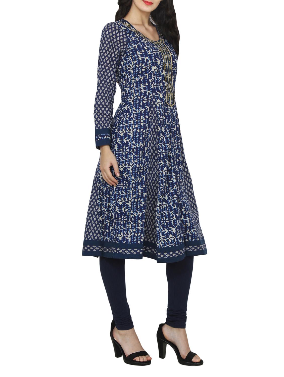 blue cotton a-line indigo kurta - 14532002 - Zoom Image - 2
