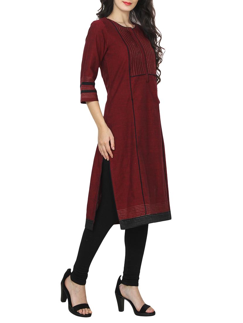 maroon cotton straight kurta - 14536292 - Zoom Image - 2
