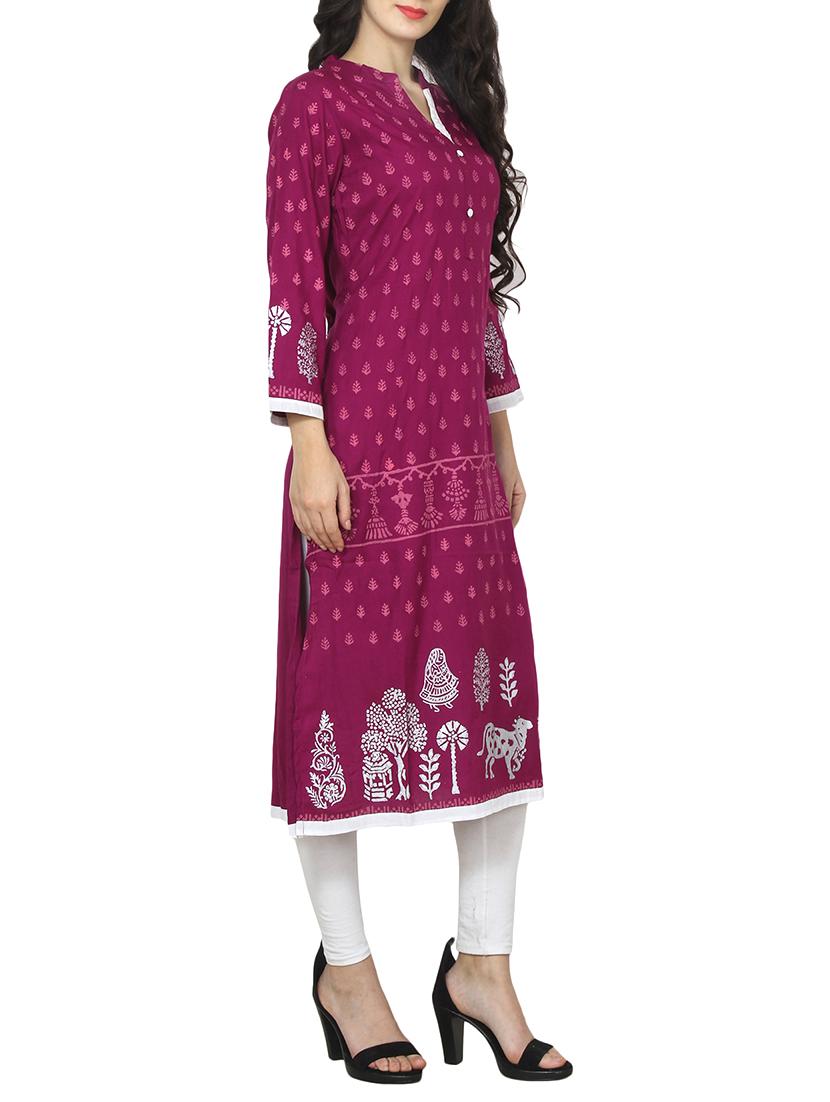 Magenta rayon straight kurta - 14536306 - Zoom Image - 2