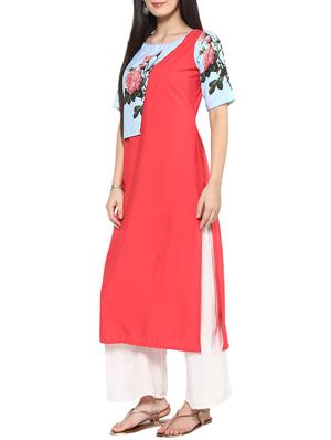 coral red crepe straight kurta - 14536824 - Standard Image - 2