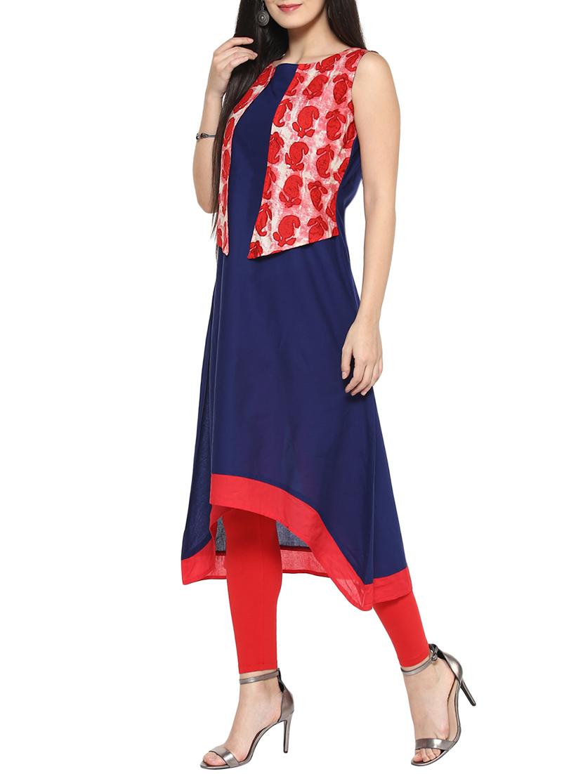 blue cotton high-low kurta - 14536855 - Zoom Image - 2