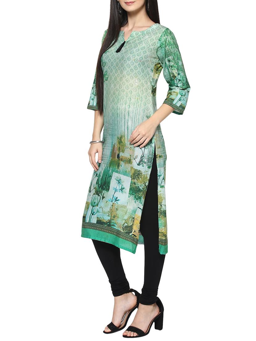green cotton straight kurta - 14536858 - Zoom Image - 2