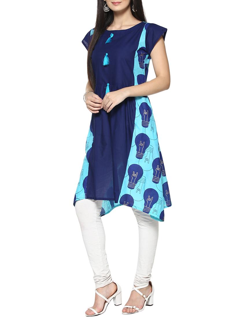 blue cotton asymmetric kurta - 14536859 - Zoom Image - 2