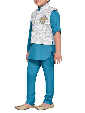 blue cotton blend kurta set and waistcoat - 14537653 - Standard Image - 2