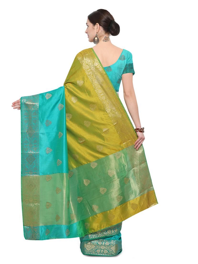 green silk blend banarasi saree with blouse - 14538454 - Zoom Image - 2