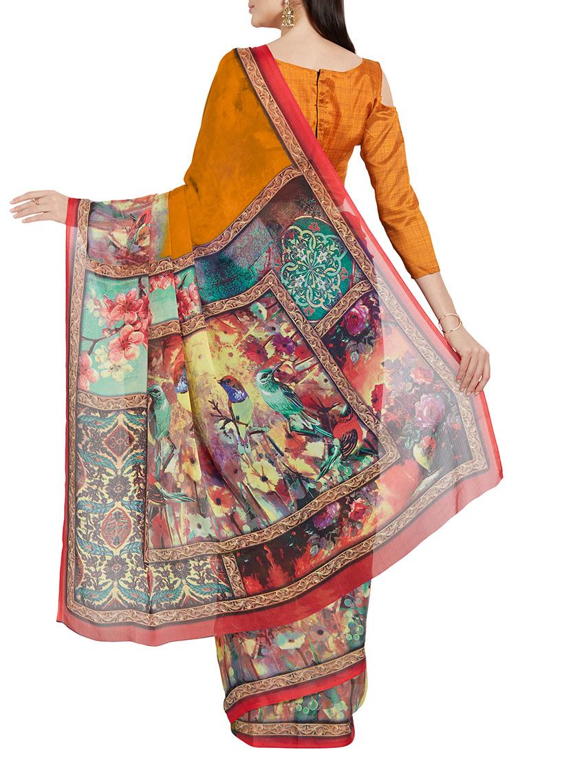 mustard art silk printed saree with blouse - 14538659 - Zoom Image - 2