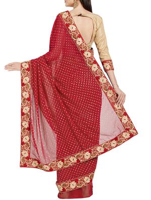 red georgette embroidered saree with blouse - 14538664 - Standard Image - 2