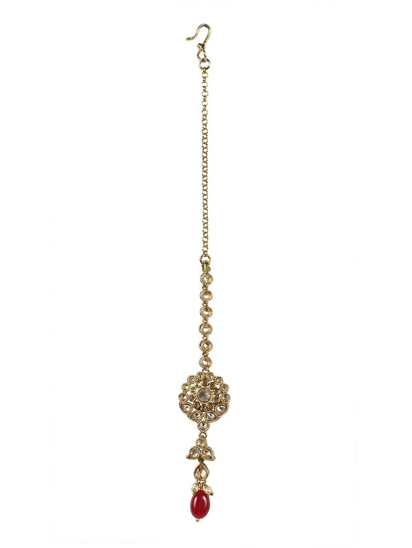 Pink Gold Tone Necklace, Earrings & Maangteeka Set - 14539784 - Zoom Image - 2