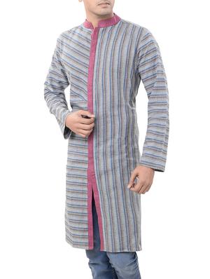 grey khadi cotton long kurta - 14543999 - Standard Image - 2