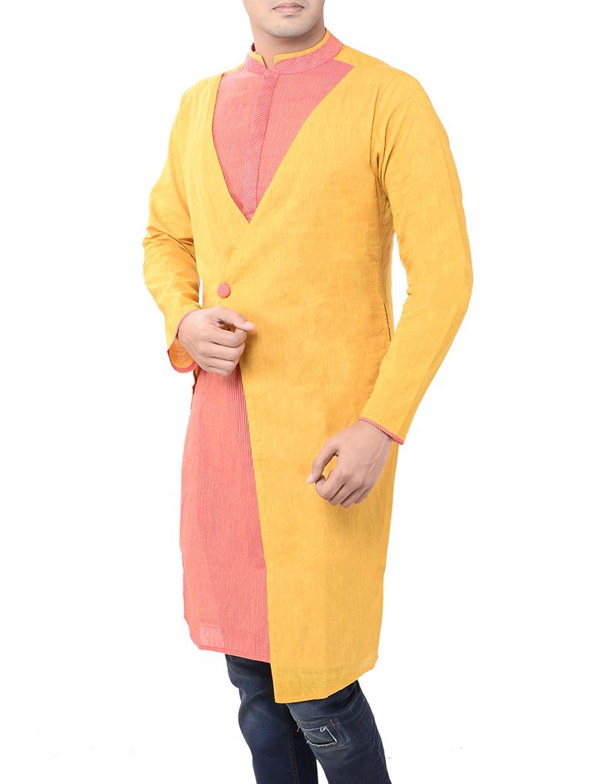 yellow cotton long kurta - 14544007 - Zoom Image - 2