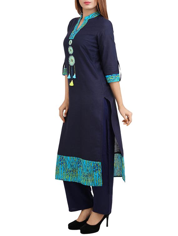 blue cotton straight kurta - 14544256 - Zoom Image - 2