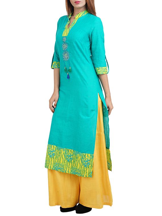 sea green cotton straight kurta - 14544257 - Zoom Image - 2