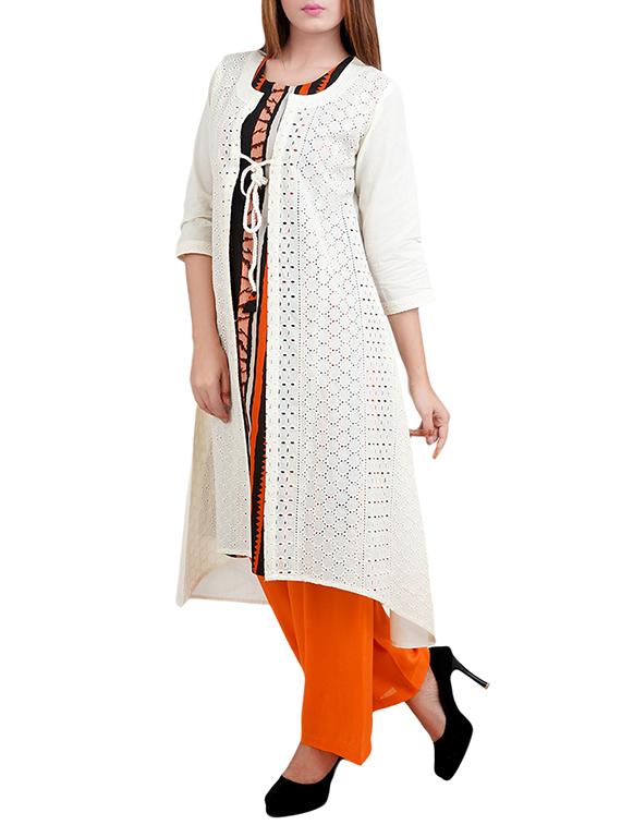 white cotton high-low kurta - 14544274 - Zoom Image - 2