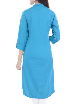 Blue cotton straight kurta - 14544506 - Standard Image - 2