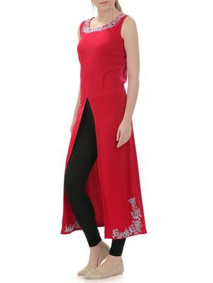 red rayon high slit kurta - 14545442 - Standard Image - 2
