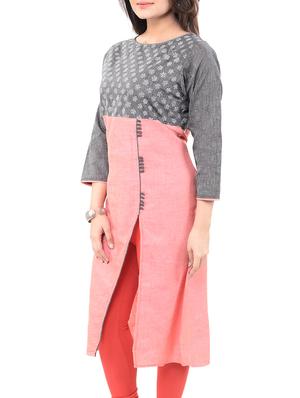 peach cotton high slit kurta - 14545631 - Standard Image - 2