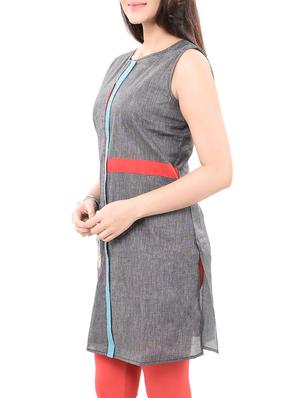 grey cotton straight kurta - 14545656 - Standard Image - 2