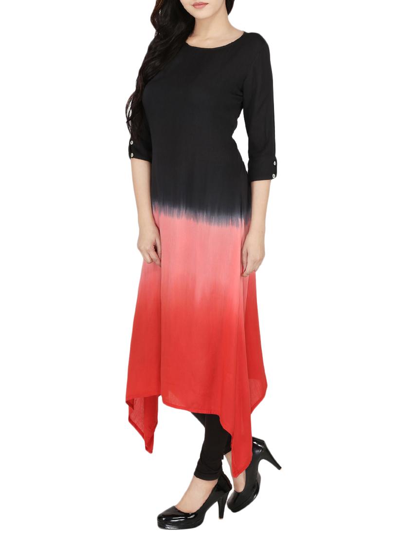 Black & red rayon asymmetric kurta - 14547348 - Zoom Image - 2