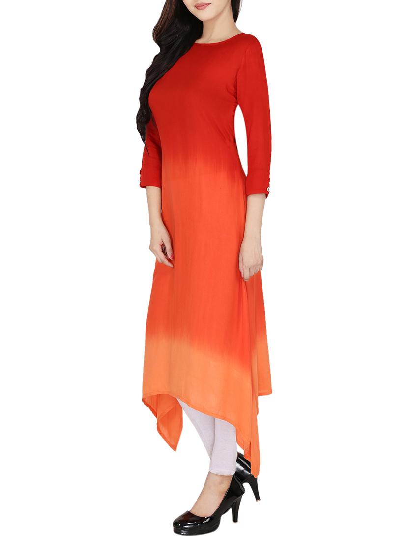 Red rayon asymmetric kurta - 14547349 - Zoom Image - 2
