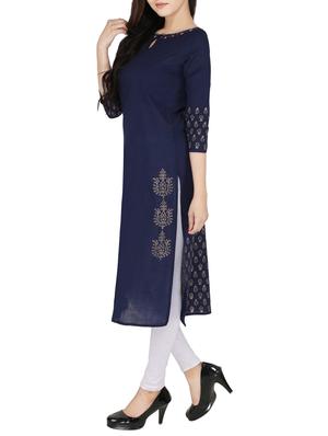blue cotton straight kurta - 14547351 - Standard Image - 2