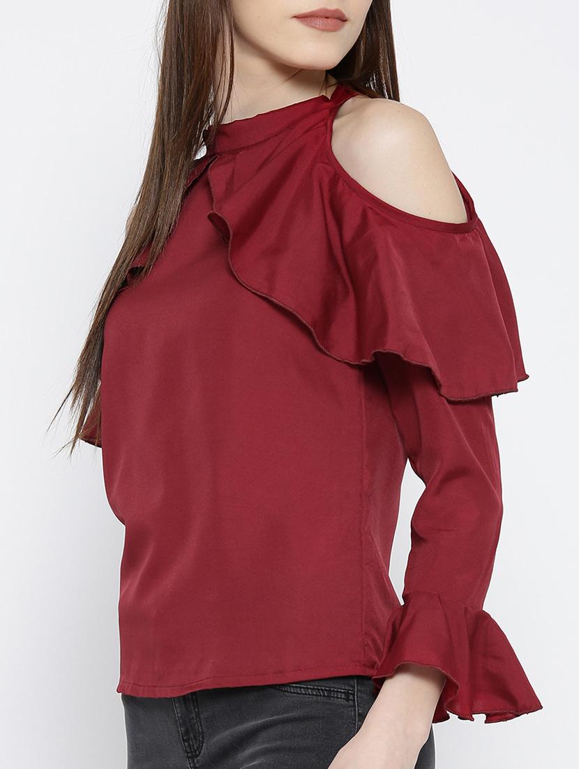 cold shoulder bell sleeved ruffle top - 14547787 - Zoom Image - 2