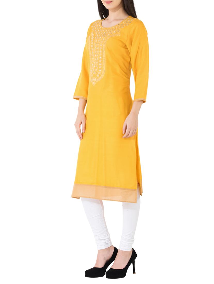 mustard cotton embroidered straight kurta - 14549285 - Zoom Image - 2