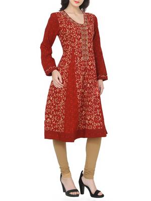 maroon cotton flared kurta - 14549392 - Standard Image - 2