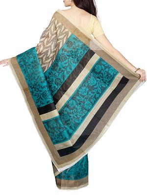 beige & turquoise printed saree with blouse - 14555251 - Standard Image - 2