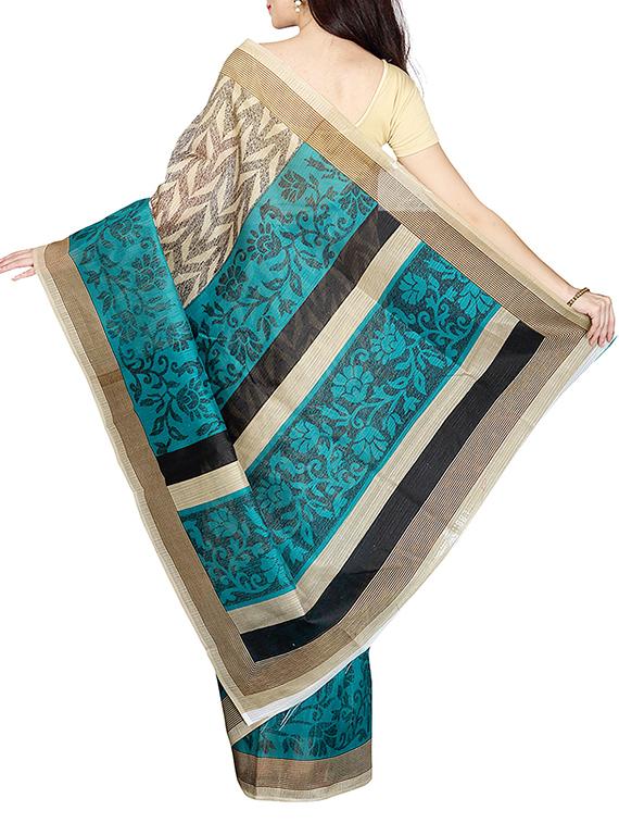 beige & turquoise printed saree with blouse - 14555251 - Zoom Image - 2