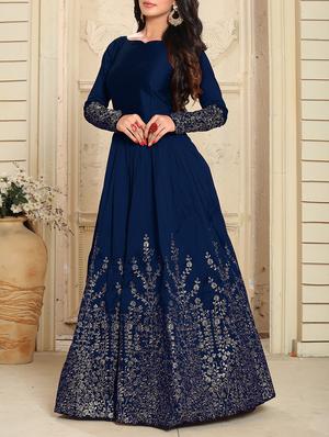 blue silk flared semi-stitched suit - 14557452 - Standard Image - 2
