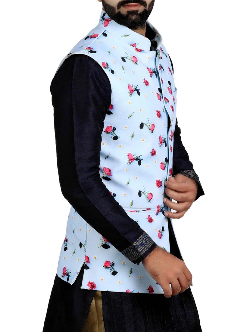 aqua blue cotton blend nehru jacket - 14574581 - Zoom Image - 2
