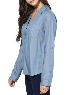 Collared Shirt With Roll Up Full Sleeve & Mustard Thread Embroidery - 14590602 - Standard Image - 2