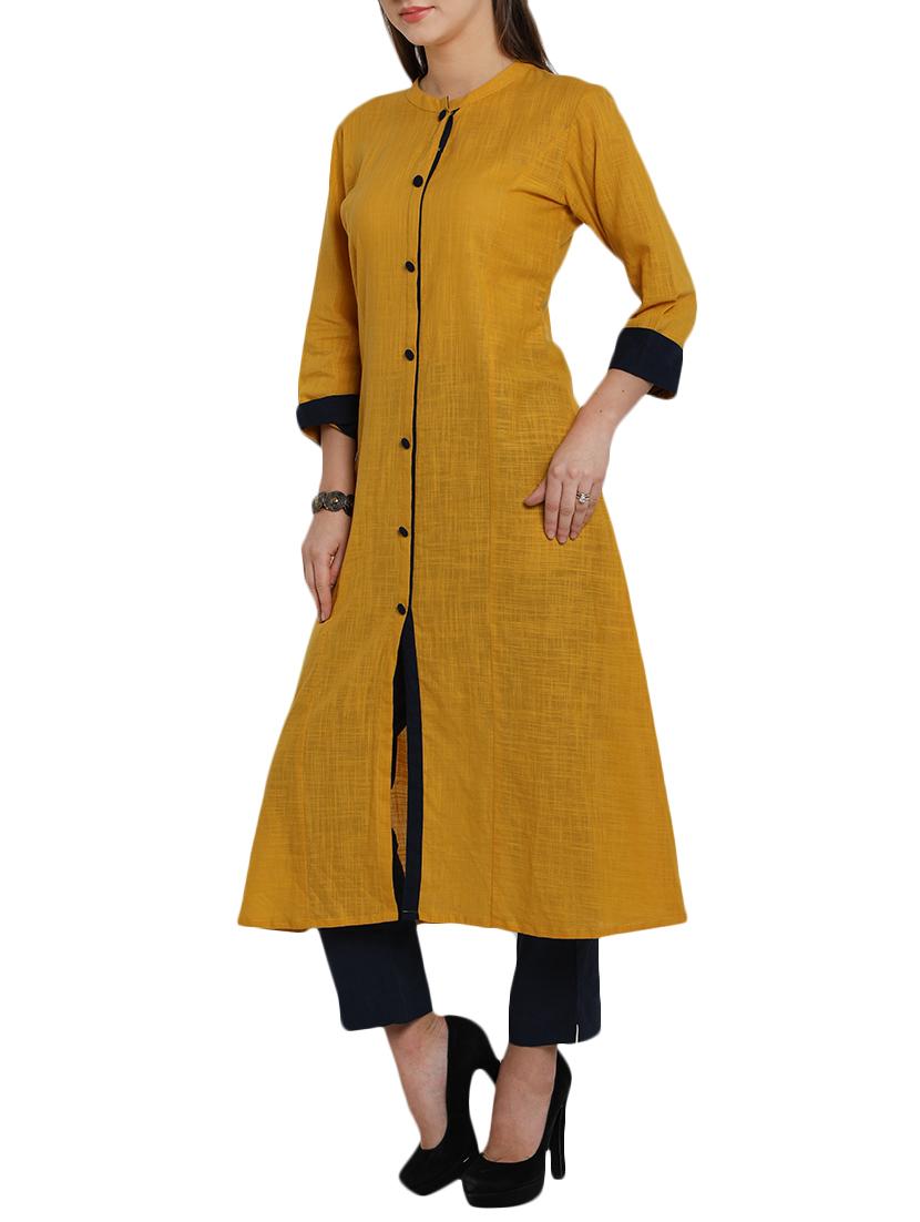 contrast buttoned placket kurta with pant set - 14604402 - Zoom Image - 2
