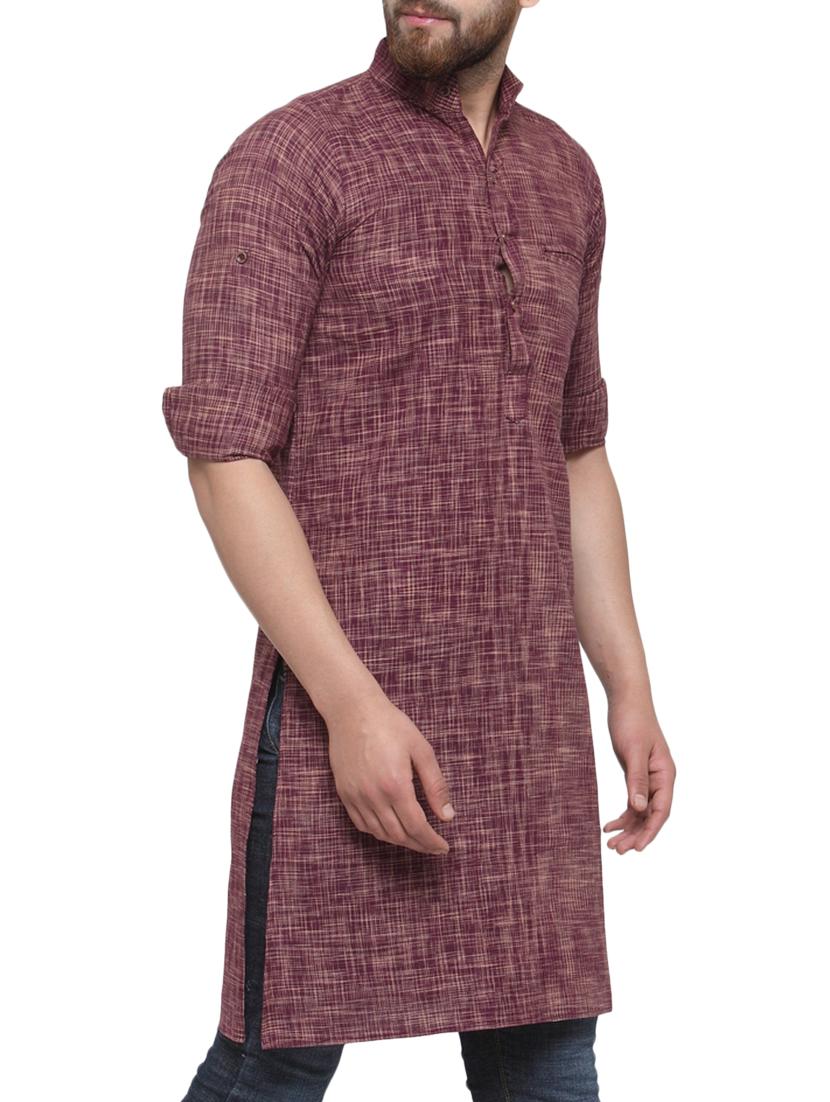purple linen long kurta - 14605147 - Zoom Image - 2